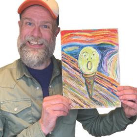 olaf falafel holding up painting of an ice cream in the style of edvard munch